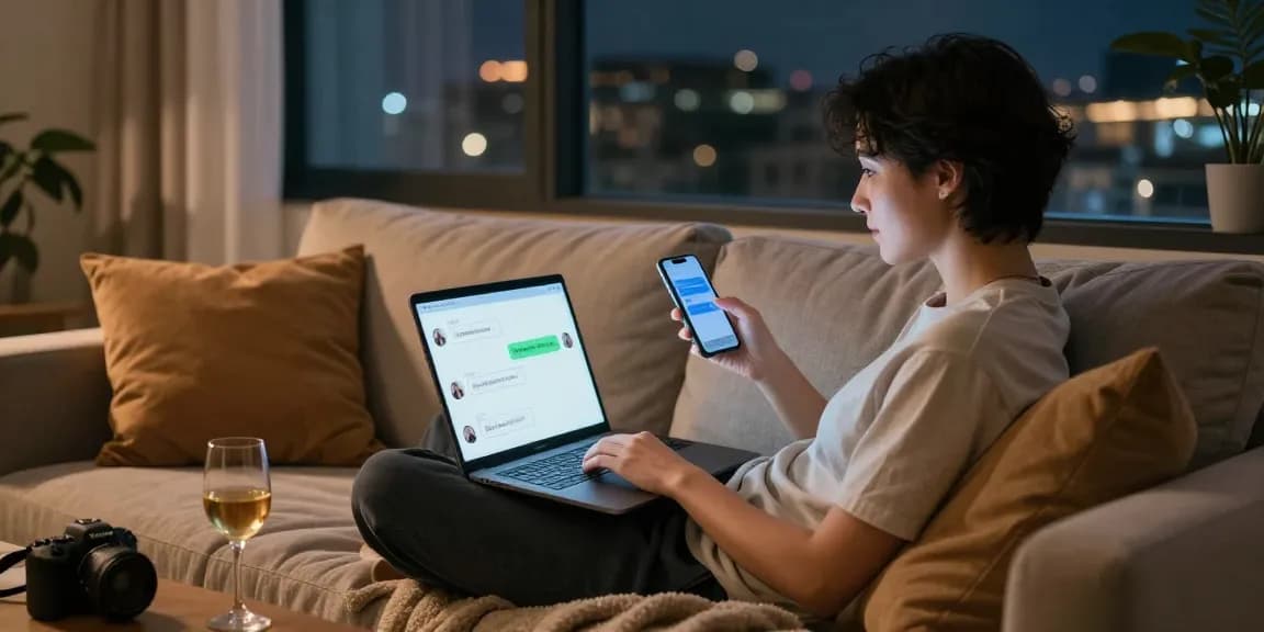 A cozy living room scene featuring intimate AI sexting conversations on a laptop, enhancing virtual intimacy.