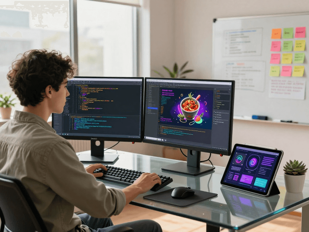 Dynamic tech workspace with a developer coding a spicy ai application, reflecting innovation and creativity.