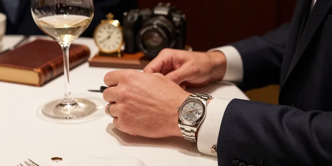 Elegant Rolex super clone watches displayed on wrist, showcasing luxury craftsmanship in a sophisticated dining setting.