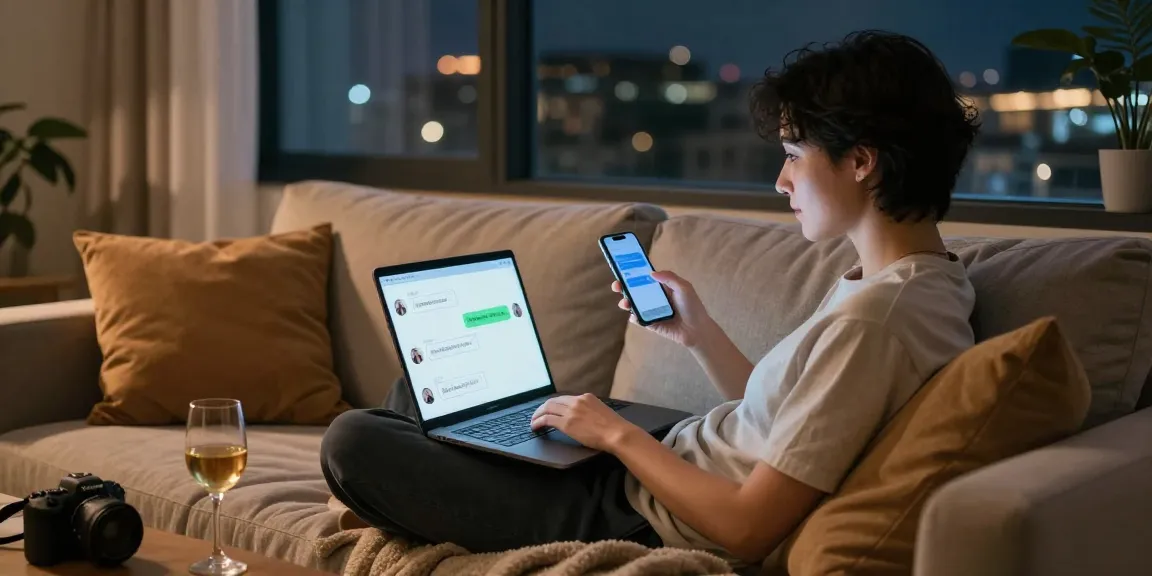 A cozy living room scene featuring intimate AI sexting conversations on a laptop, enhancing virtual intimacy.