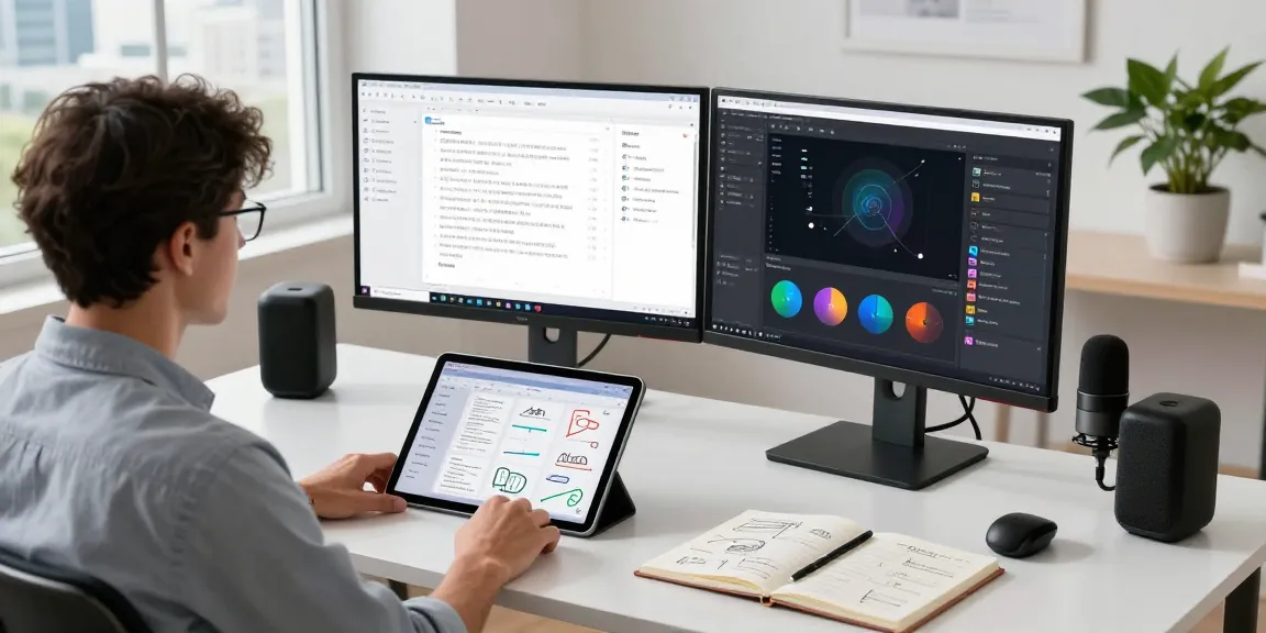 AI assistant interface on dual monitors in a modern office workspace with a focus on productivity and technology.