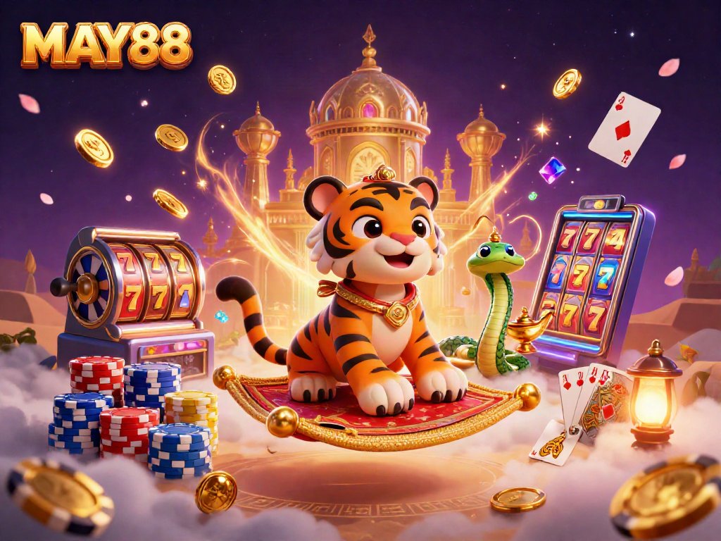 MAY88 captivates players with thrilling slot reels and colorful gaming elements in a vibrant casino scene.