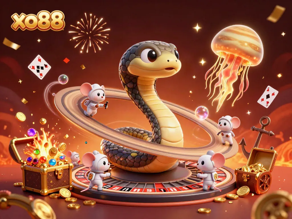 Experience vibrant action as xo88 players engage in cosmic roulette with astronauts betting amidst gold coins and colorful gems.