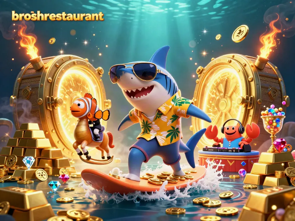 Broshrestaurant's vibrant casino scene with a shark, seahorse, and DJ crab amidst gold coins.