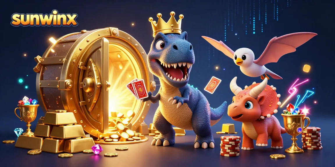 Experience thrilling sunwinx gameplay with a T-Rex shuffling cards and friends stacking chips.