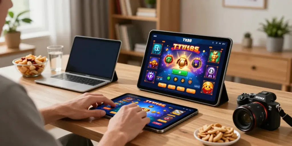 Player enjoying TX88 online gambling on a tablet in a cozy home setup.