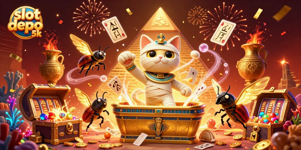 Engage with exciting slot depo 5k adventures in this vibrant casino illustration featuring a mummy cat and a scarab beetle.