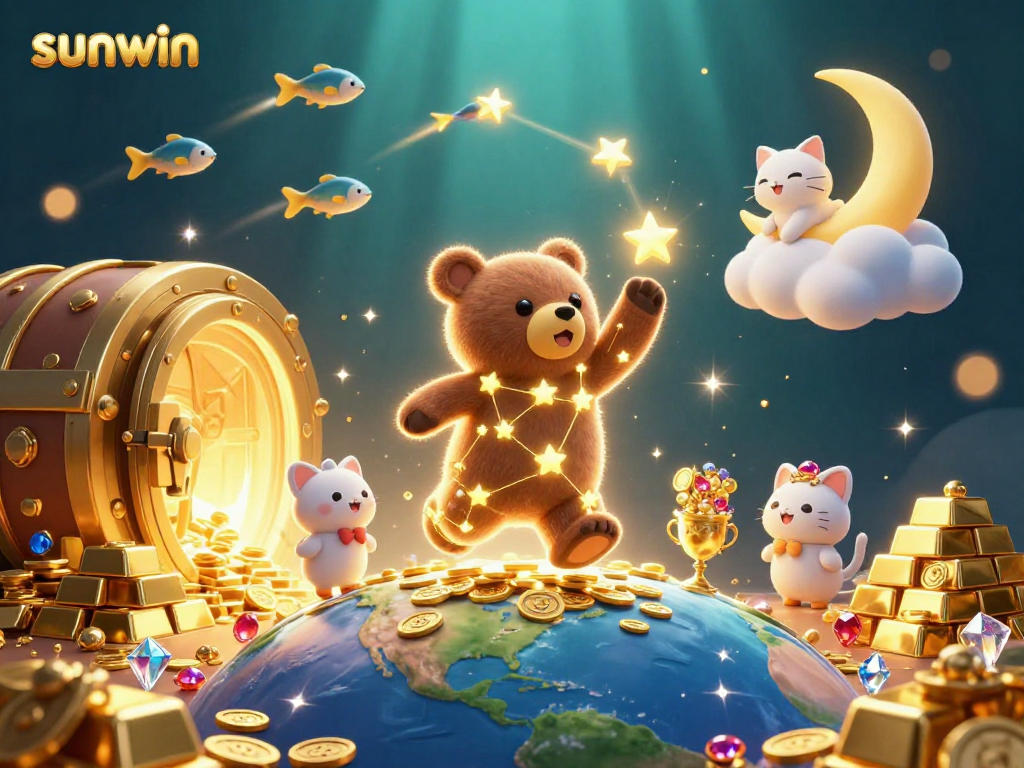 Experience sunwin's vibrant gaming scene with a constellation bear collecting coins in a dynamic 3D setting.