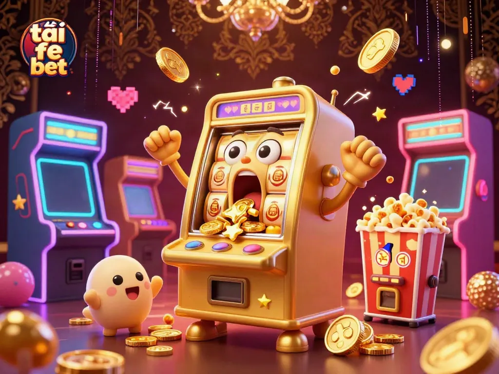 Experience gaming excitement with tải fe bet as golden slot machines celebrate victory amidst vibrant arcade elements.