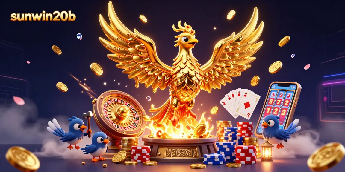 Experience thrilling gameplay with sunwin20b's molten phoenix emerging and scattering coins around a vibrant casino scene.