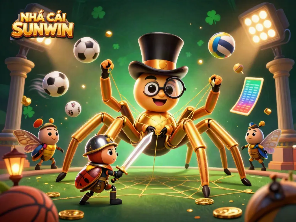 Engage with NHÀ CÁI SUNWIN through this vibrant and detailed scene of a golden tarantula and beetle knight amidst casino elements.