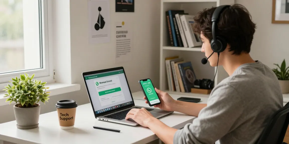 Person at home office downloading WhatsApp下載 on laptop, showcasing tech support scene.
