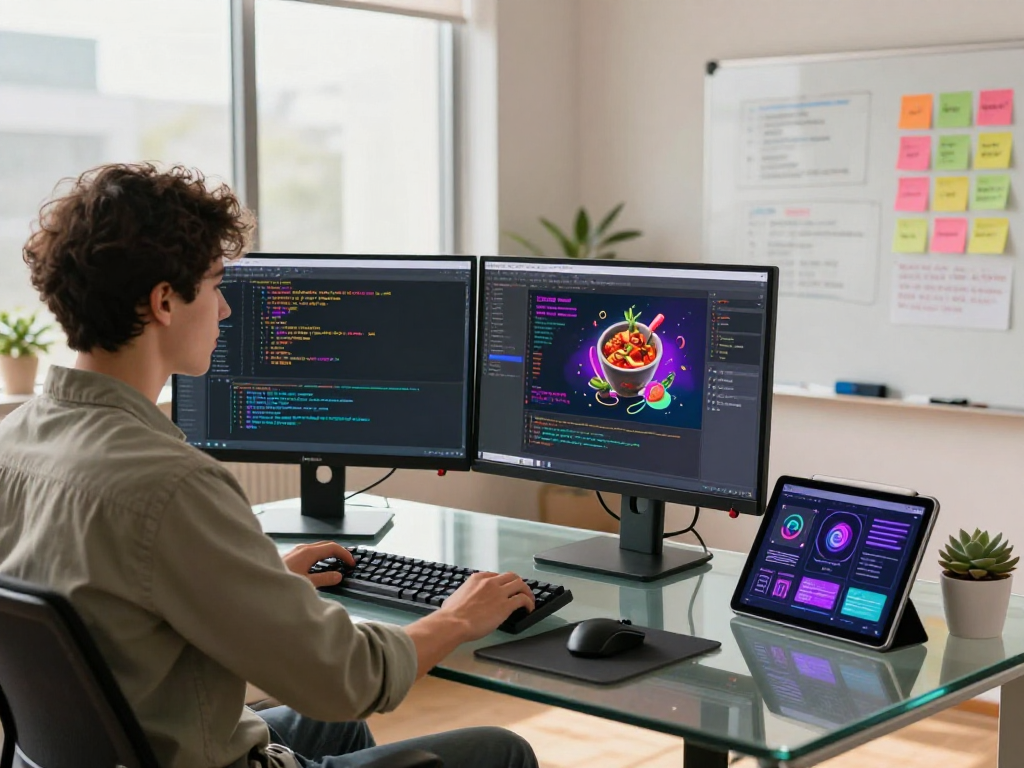 Dynamic tech workspace with a developer coding a spicy ai application, reflecting innovation and creativity.
