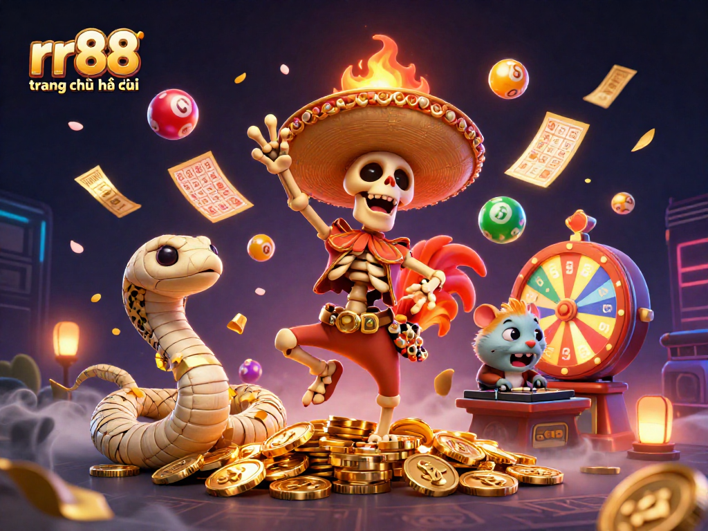 Celebrate winning at rr88 trang chủ chính thức with vibrant casino characters surrounded by dynamic game elements.