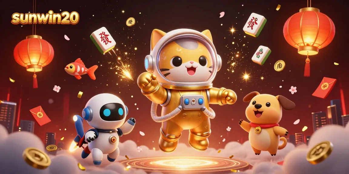 Experience sunwin20's thrilling gambling atmosphere with a floating golden astronaut cat amidst Chinese lanterns and vibrant casino elements.