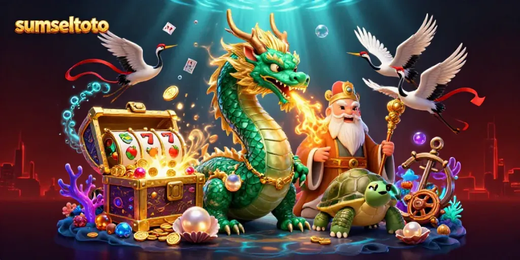 Engage with sumseltoto through a vibrant scene of a jade dragon and slots, showcasing thrilling casino action.