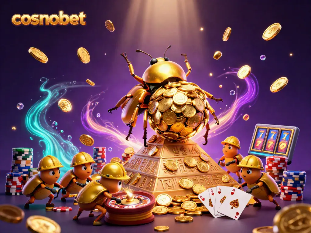 Experience thrilling gameplay at cosmobet with an enormous golden beetle and casino symbols.