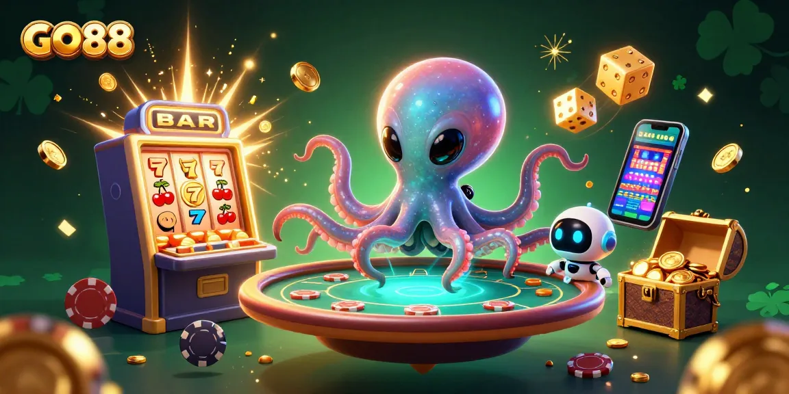 Experience GO88 gaming with a vibrant illustration featuring alien octopus and jackpot excitement.