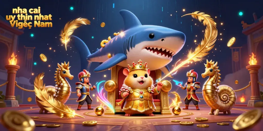 Experience the vibrant action of nha cai uy tin nhat Việt Nam with a fierce hamster king on a megalodon throne.
