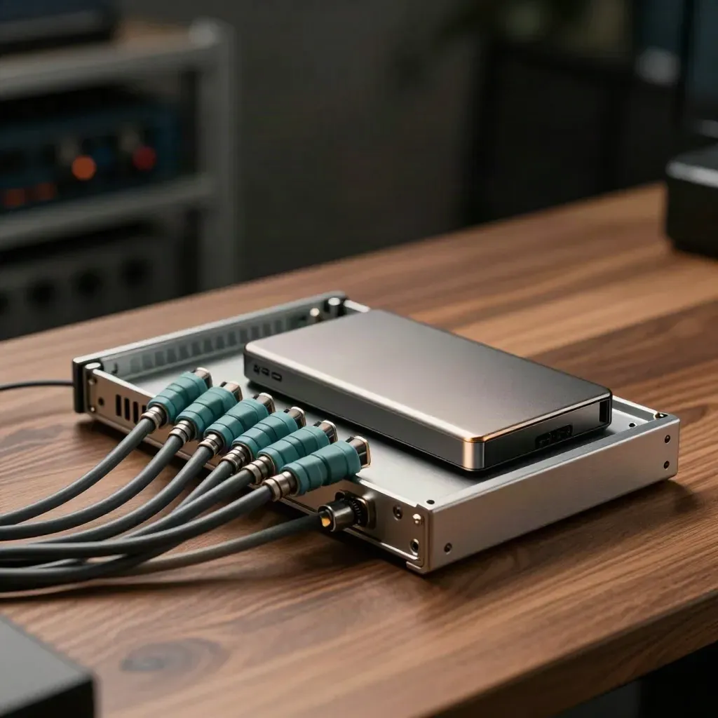 Server tray, braided leads, and backup disk on a warm workbench in dramatic light.