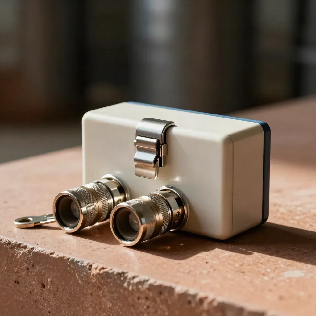 Connectors, service key, and sealed module case on terracotta stone in soft industrial light