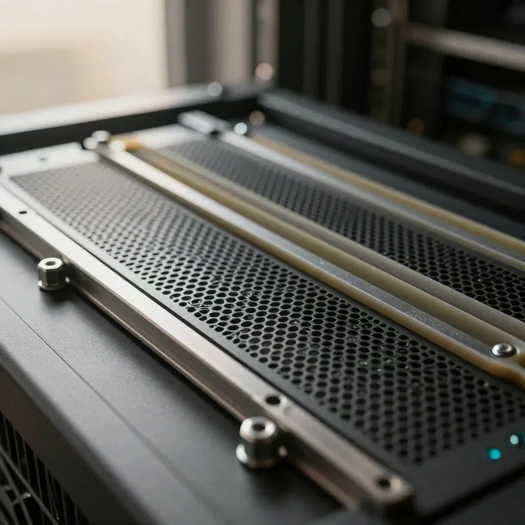 Macro of rack rails, vent mesh, and gaskets on charcoal with cyan reflection.