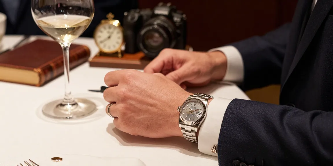 Elegant Rolex super clone watches displayed on wrist, showcasing luxury craftsmanship in a sophisticated dining setting.