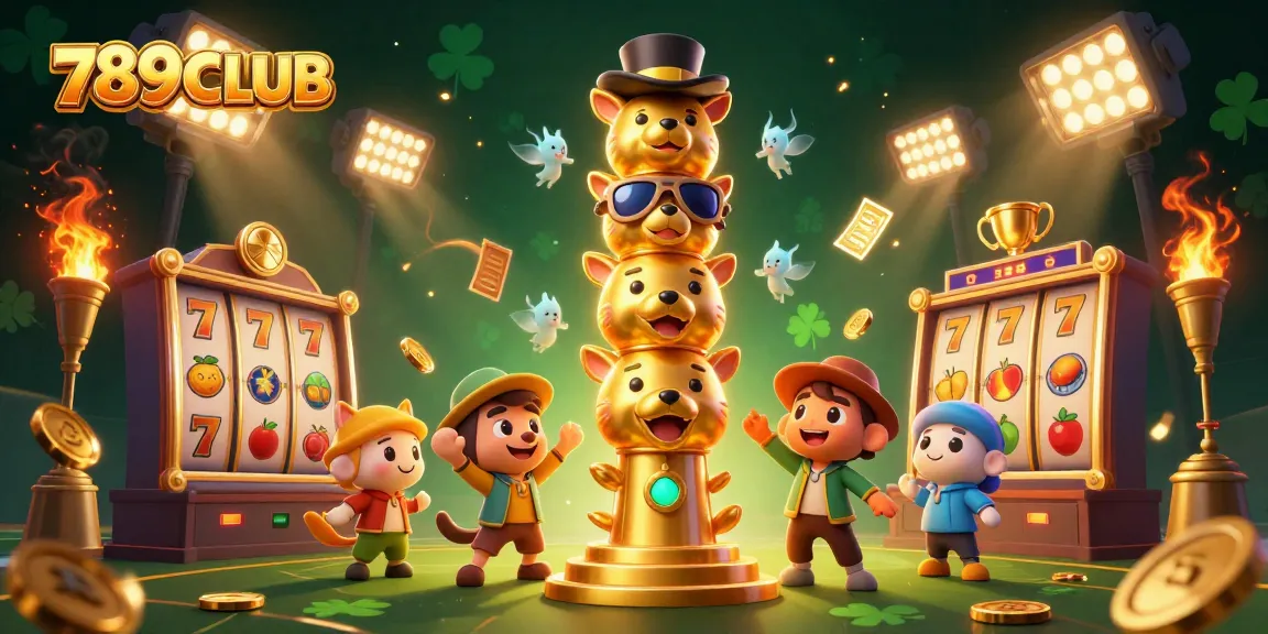 Engage with 789CLUB through vibrant slots and a golden totem in a dynamic casino scene.