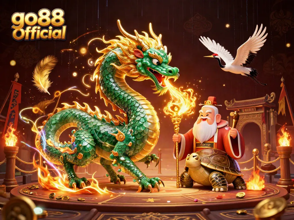 Win big with go88 Official’s vibrant 3D scene showcasing a dragon and lucky cranes in an immersive casino atmosphere.