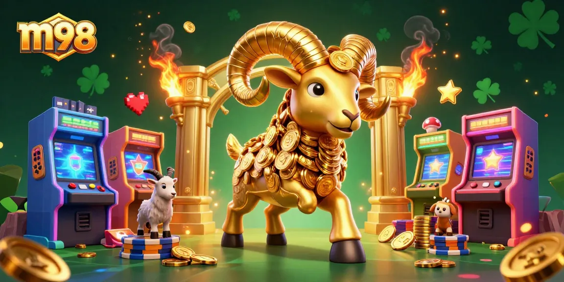 Engage with m98 casino action as a golden ram rushes through a vibrant gaming scene filled with excitement.
