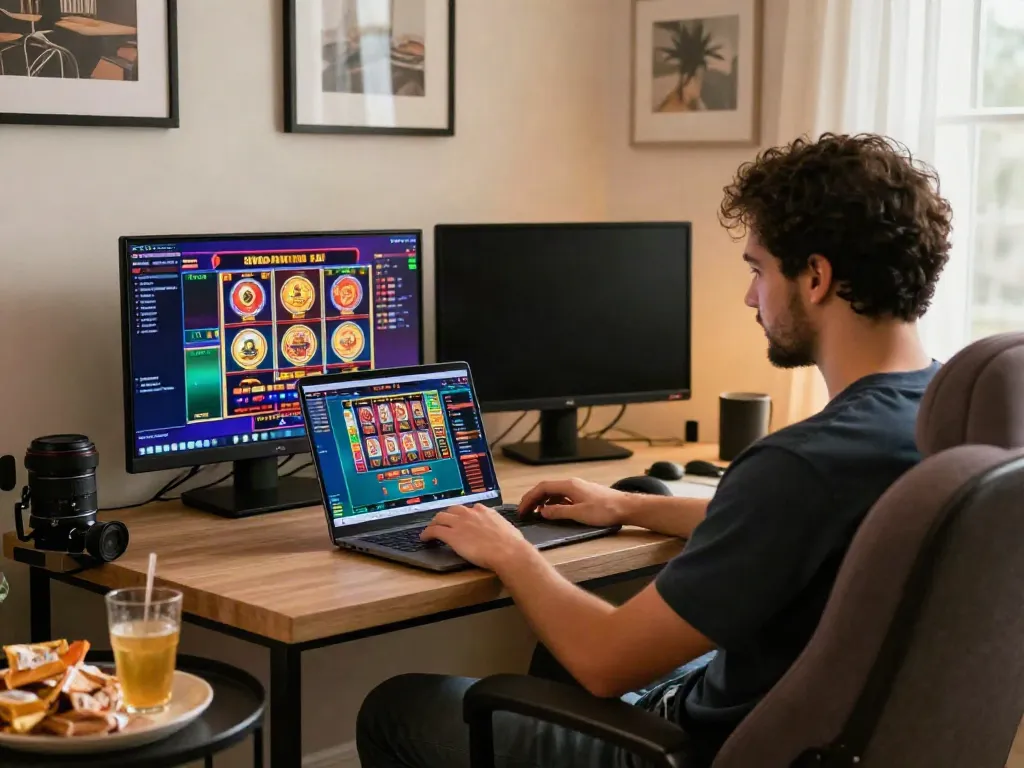 Engaging online gaming scene featuring uk88, player enjoying diverse casino games in a cozy environment.