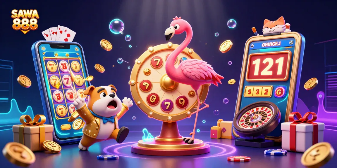 SAWA 888 showcases an exciting prize scene with a flamingo host and bulldog in casino action.