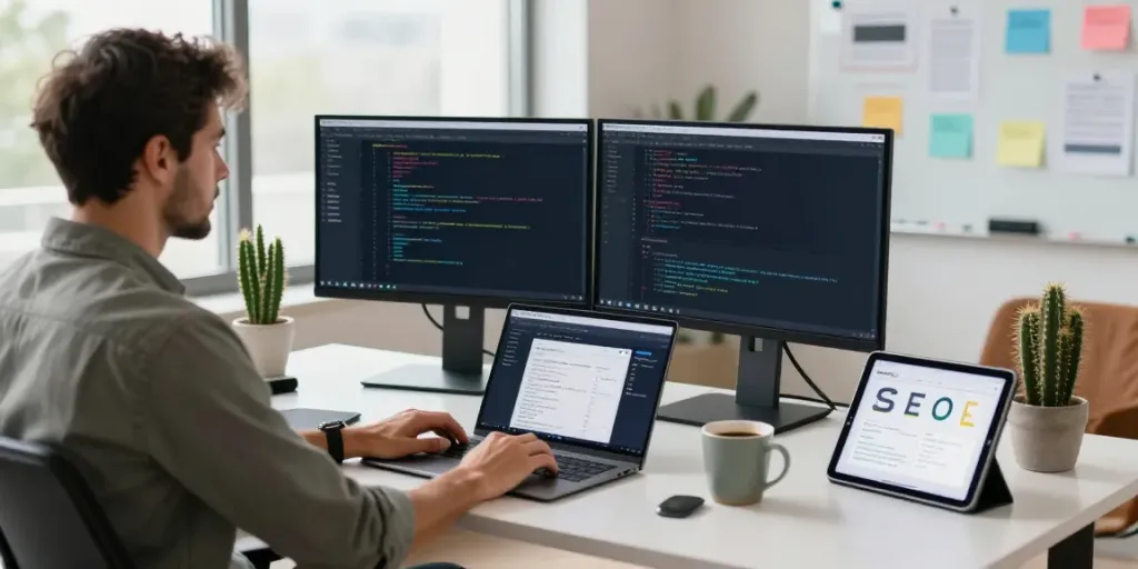 Web developer optimizing instant indexing strategies in a modern office setting.