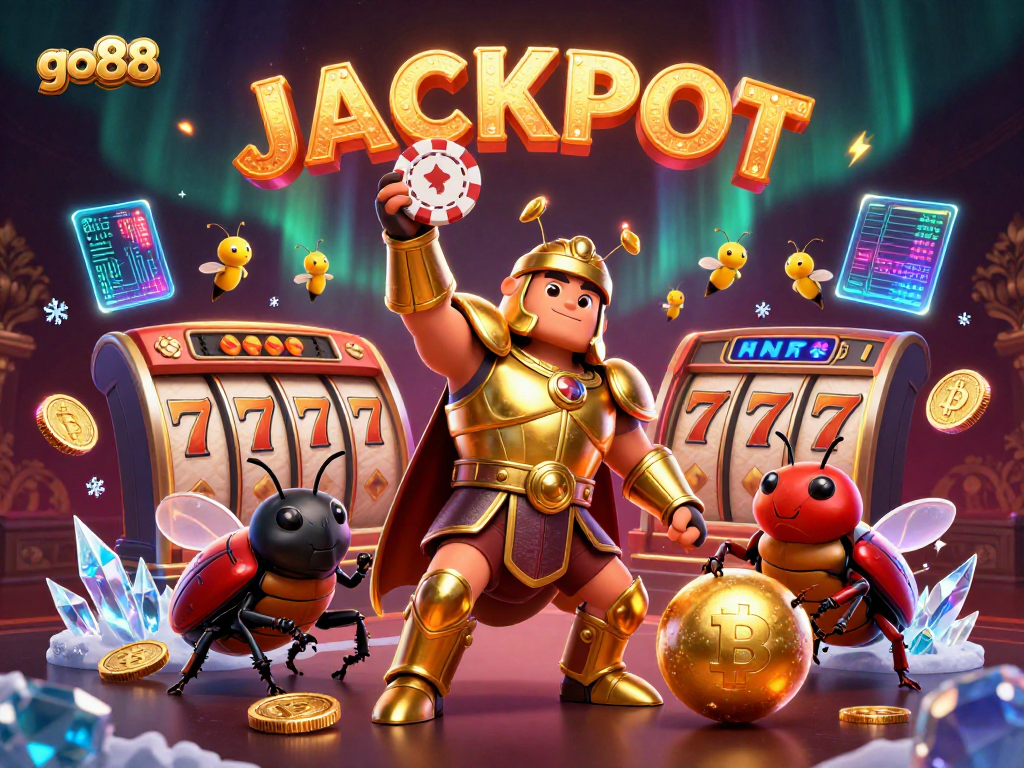 Experience the thrilling action at go88 with a vibrant illustration showcasing a victorious beetle and jackpot elements.