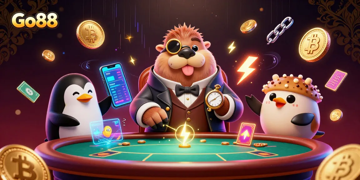 Go88 features a jolly walrus and friends playing poker underwater with vibrant casino elements.