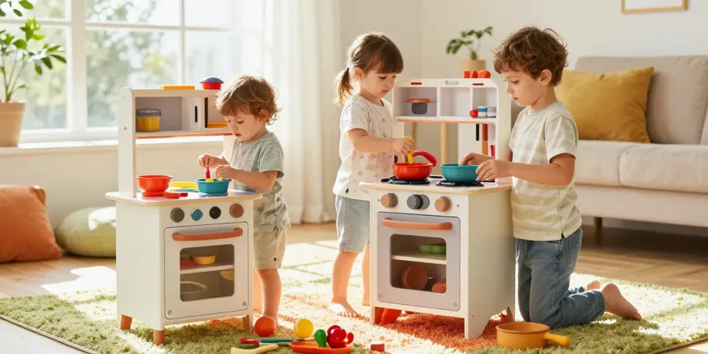 Kids kitchen play set with children cooking, vibrant decor, and cheerful atmosphere.