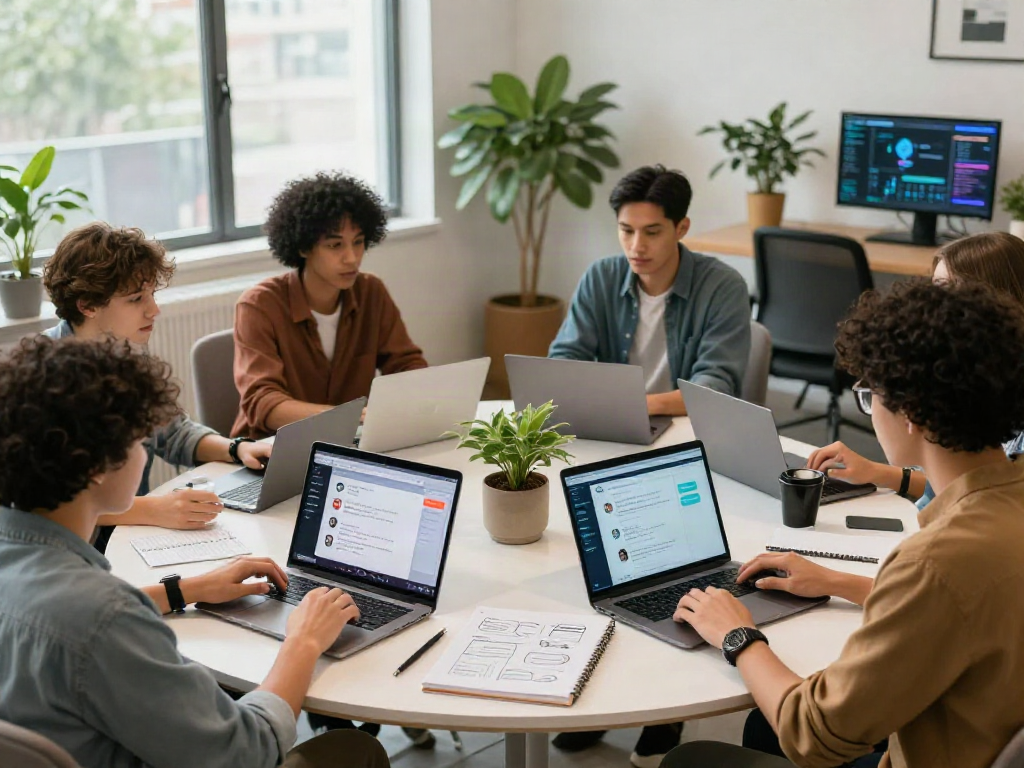 Engaging AI porn chat discussion among professionals in a modern workspace.