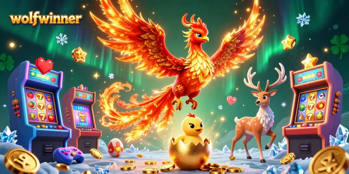Experience thrilling gaming with wolfwinner, featuring slot machines, a phoenix, and rich visuals.