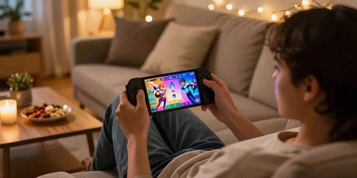 Playing free mobile hentai games on a cozy couch with snacks and ambient lighting.