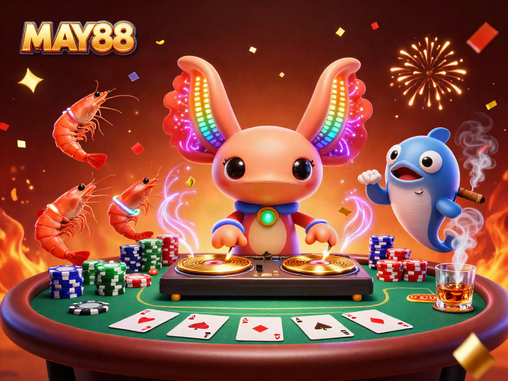 MAY88 brings exhilarating casino action alive with a vibrant 3D illustration of a lively DJ scene.