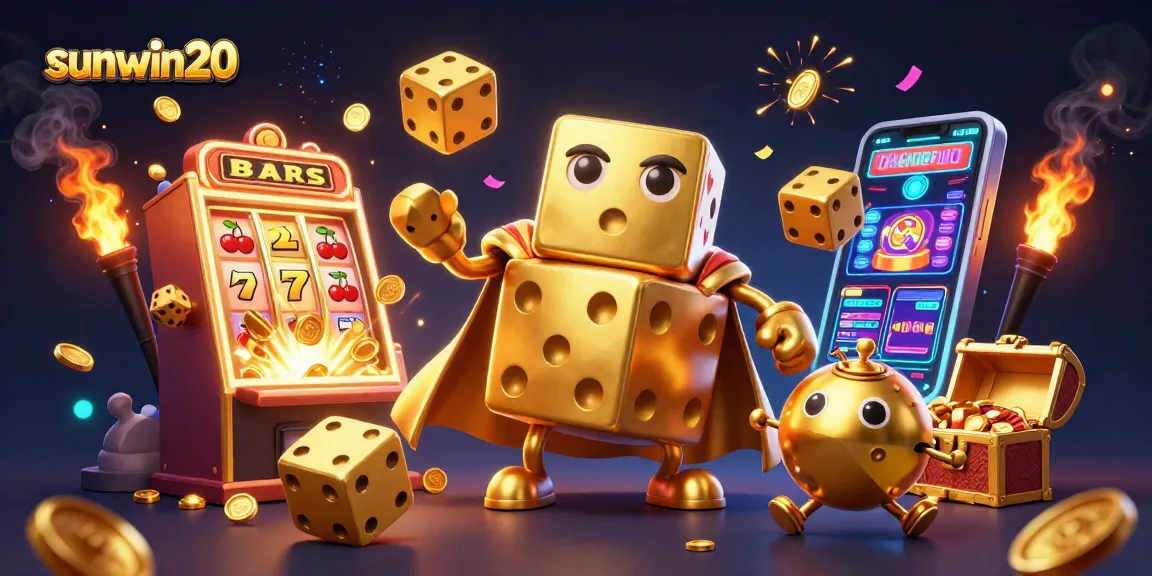 Experience the excitement of sunwin20 with a dynamic illustration of a golden dice golem, casino elements, and jackpot explosions.