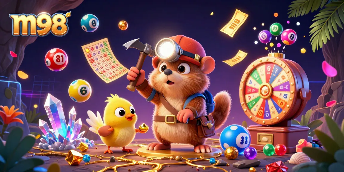 Experience m98's thrilling slots and live casino games in a vibrant 3D illustration filled with action.