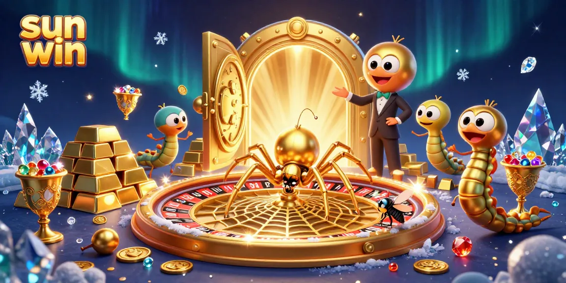 Experience the thrill of sun win with a golden spider and centipede croupier in a vibrant casino scene.